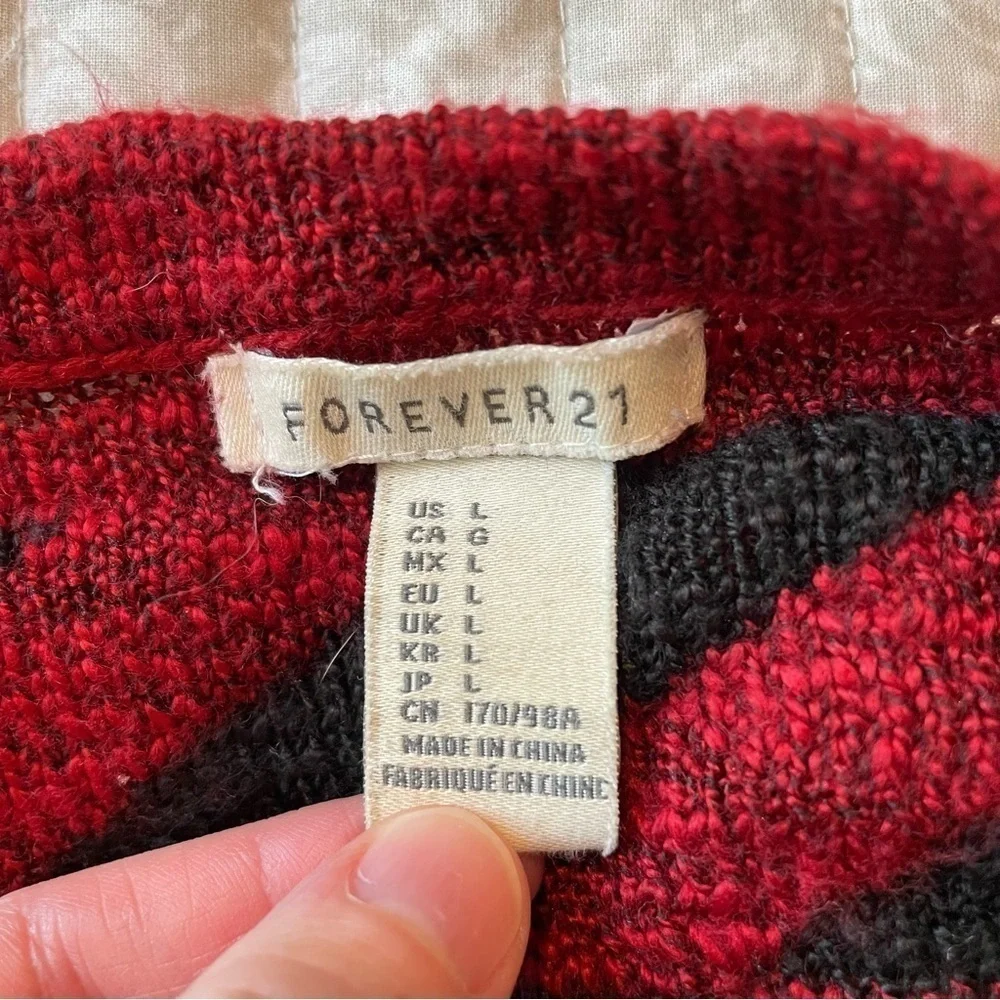 Forever 21 Red & Black Patterned Semi Sheer Sweater Large